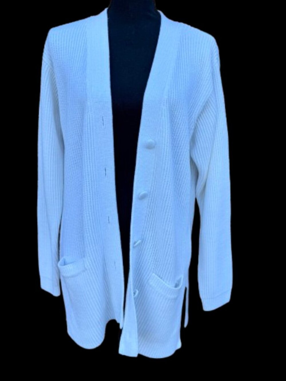 VTG Yarnworks Ribbed Cardigan Sweater Large White Pockets Coastal Grandmother